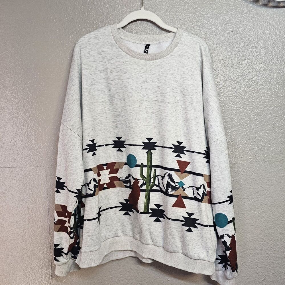 Two 2 Fly 2X Southwestern  Cactus Aztec Mountain Graphic Pullover Sweatshirt Z41